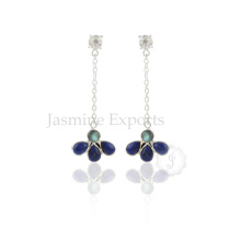 Sleek Multi Gemstone Designer Sterling Silver Dangle Earring, Handmade Chain Dangle Earrings
